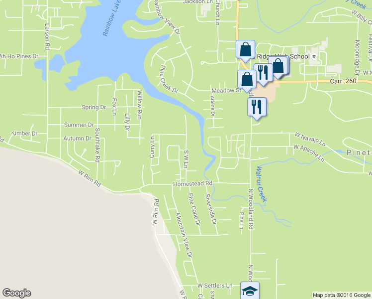 map of restaurants, bars, coffee shops, grocery stores, and more near 254 South West Lane in Navajo County