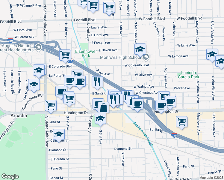 map of restaurants, bars, coffee shops, grocery stores, and more near 405 East Santa Clara Street in Arcadia