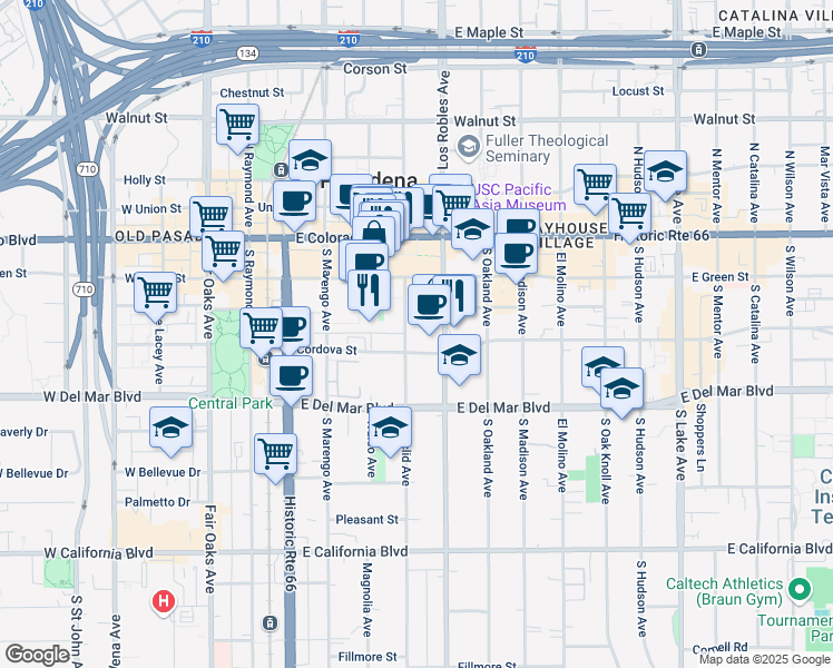 map of restaurants, bars, coffee shops, grocery stores, and more near 178 South Euclid Avenue in Pasadena