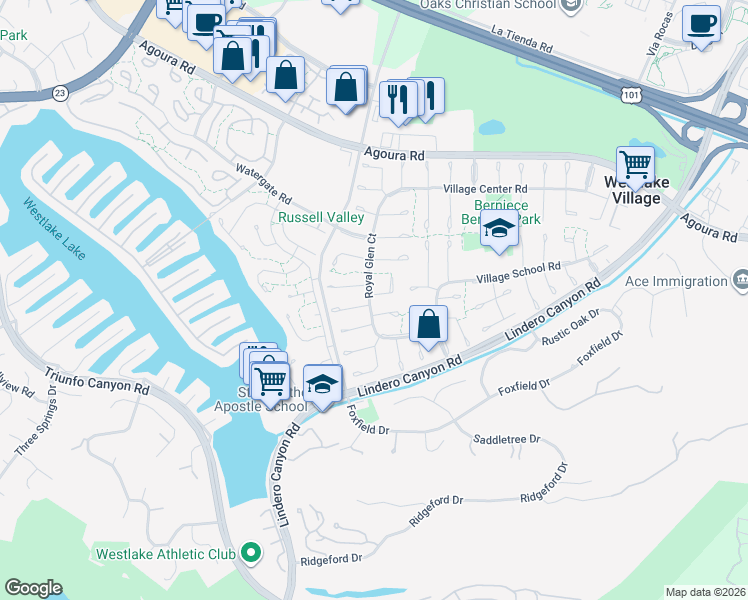map of restaurants, bars, coffee shops, grocery stores, and more near 31948 Lyndbrook Court in Westlake Village
