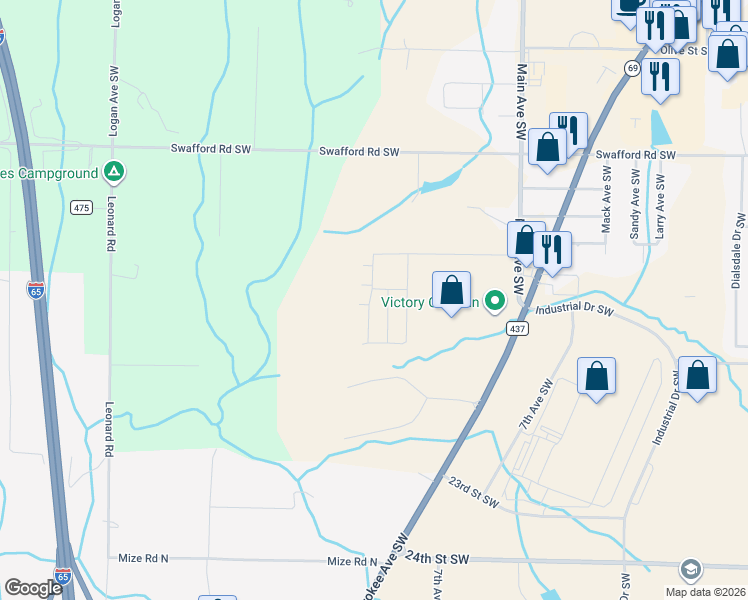 map of restaurants, bars, coffee shops, grocery stores, and more near 2074 Main Avenue Southwest in Cullman