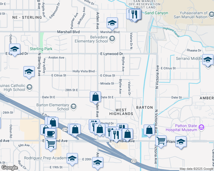 map of restaurants, bars, coffee shops, grocery stores, and more near 26163 Mirada Street in Highland