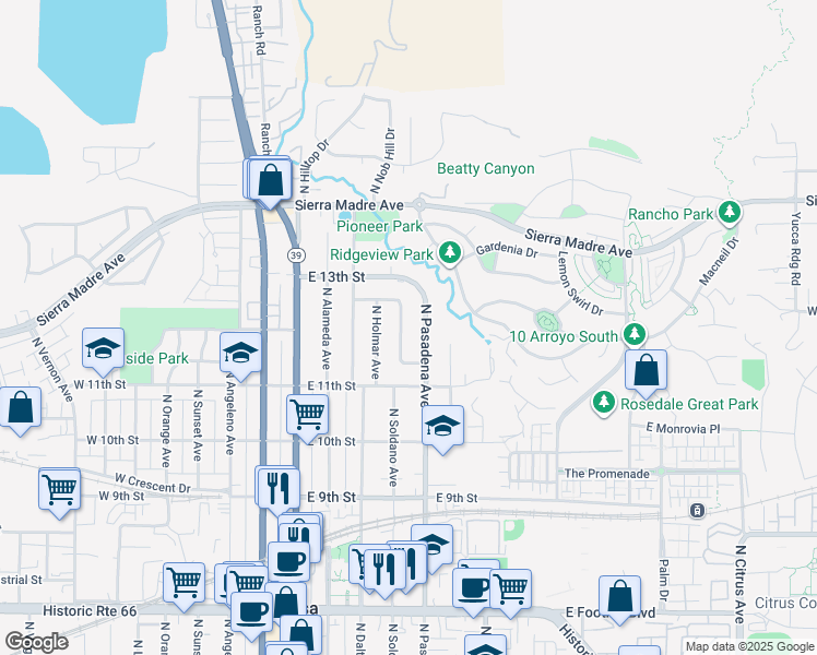 map of restaurants, bars, coffee shops, grocery stores, and more near 1168 North Soldano Drive in Azusa