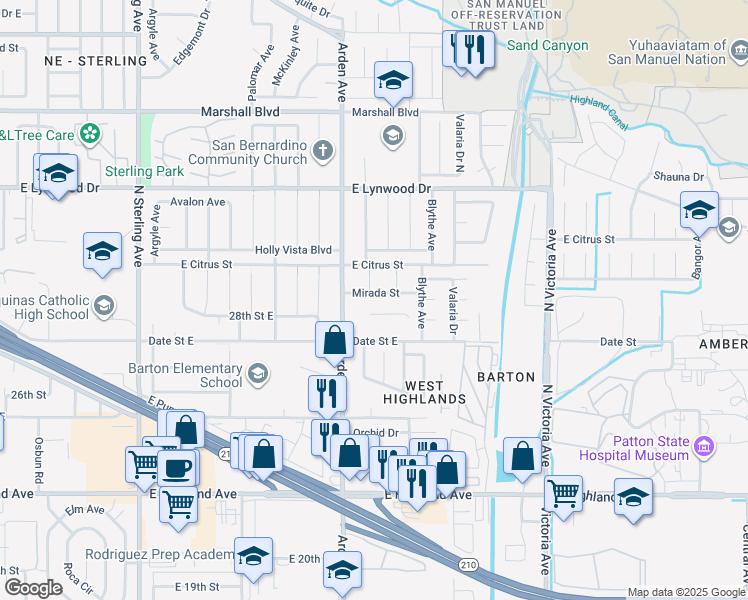 map of restaurants, bars, coffee shops, grocery stores, and more near 26163 Mirada Street in Highland