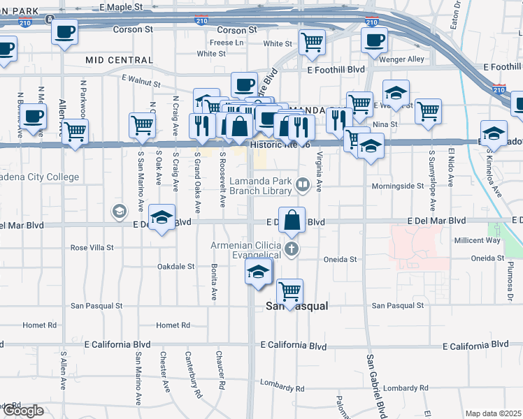 map of restaurants, bars, coffee shops, grocery stores, and more near 168 South Sierra Madre Boulevard in Pasadena