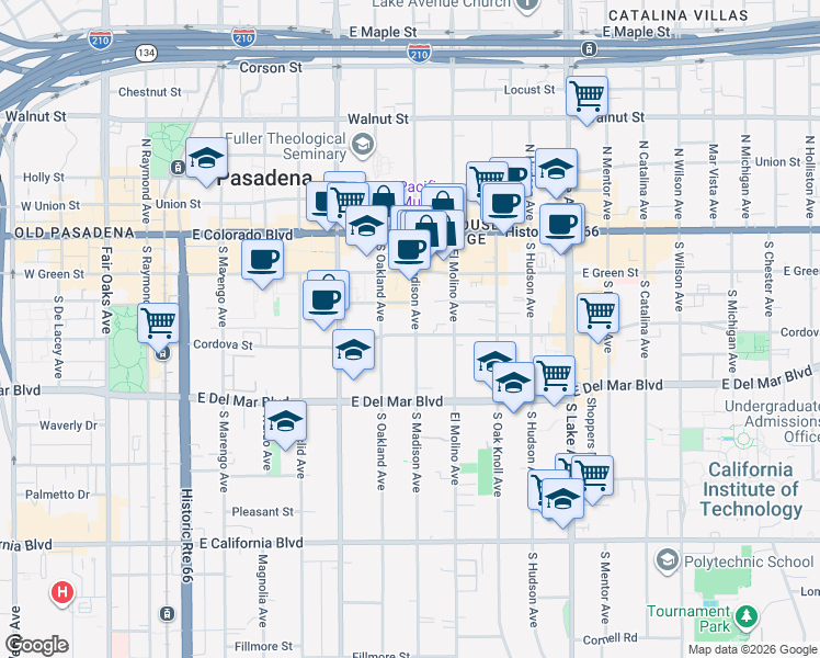 map of restaurants, bars, coffee shops, grocery stores, and more near in Pasadena