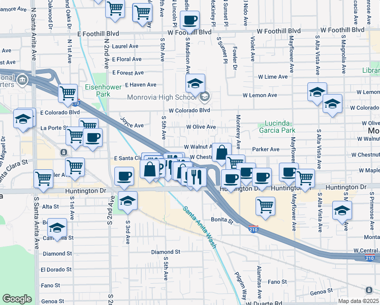 map of restaurants, bars, coffee shops, grocery stores, and more near 872 West Walnut Avenue in Monrovia