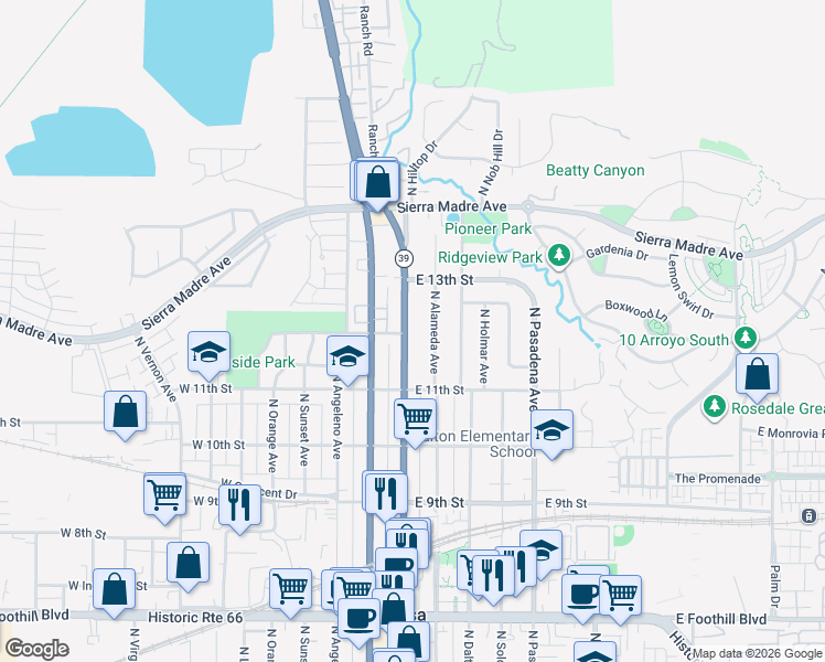 map of restaurants, bars, coffee shops, grocery stores, and more near 1176 North Azusa Avenue in Azusa
