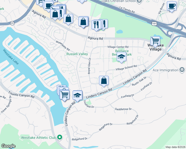 map of restaurants, bars, coffee shops, grocery stores, and more near 31934 Lyndbrook Ct in Westlake Village