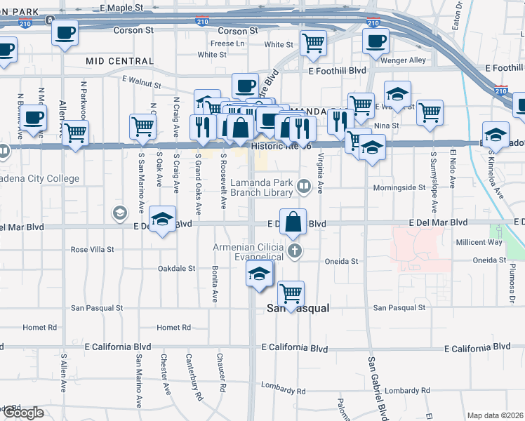 map of restaurants, bars, coffee shops, grocery stores, and more near 168 South Sierra Madre Boulevard in Pasadena
