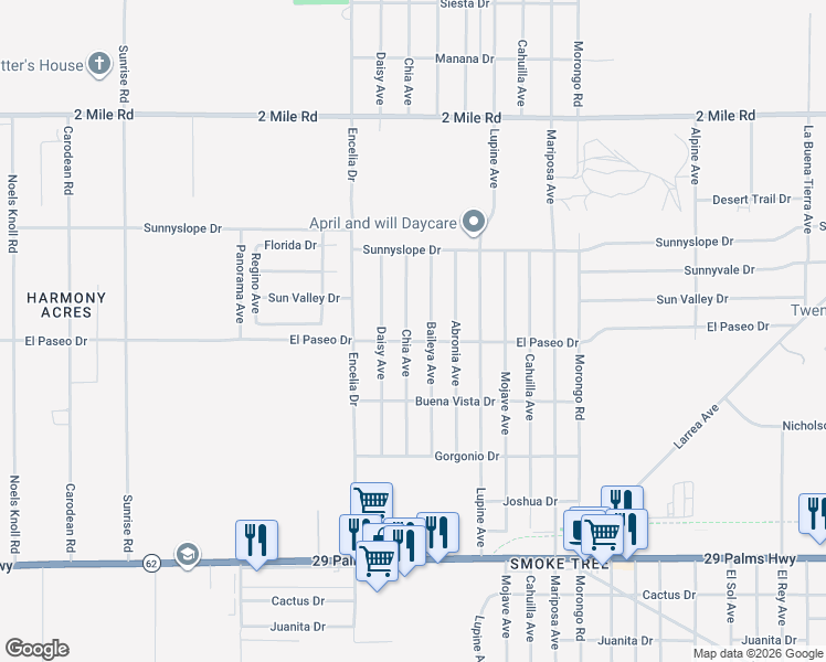 map of restaurants, bars, coffee shops, grocery stores, and more near 6083 Chia Avenue in Twentynine Palms