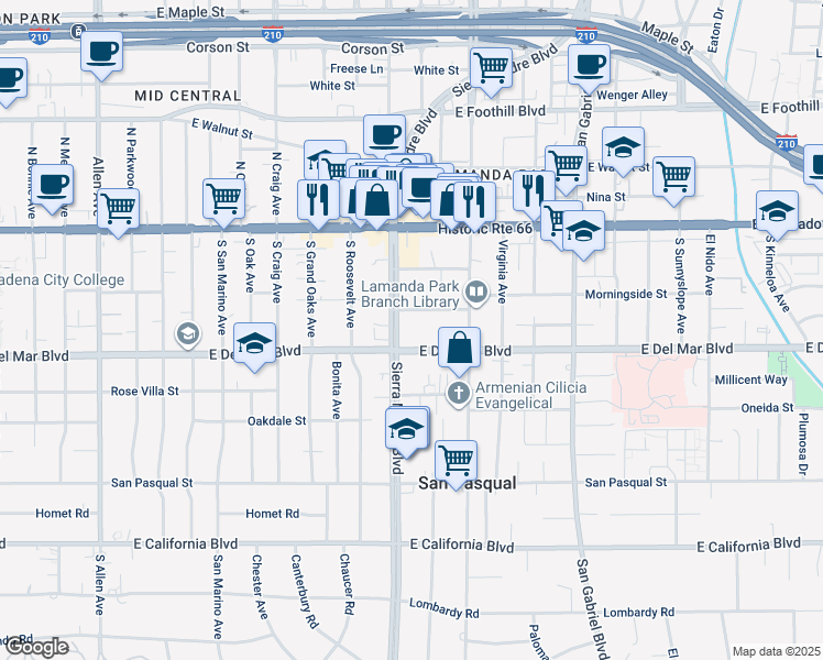 map of restaurants, bars, coffee shops, grocery stores, and more near 168 South Sierra Madre Boulevard in Pasadena