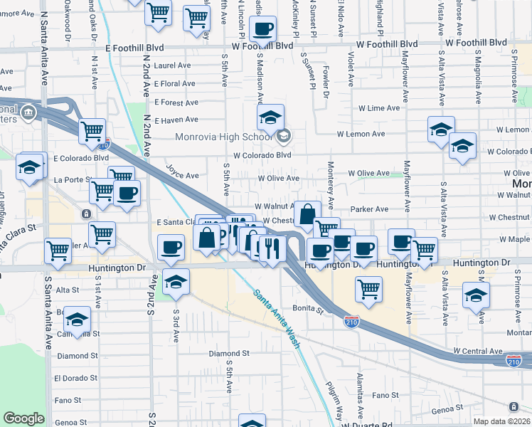 map of restaurants, bars, coffee shops, grocery stores, and more near 868 West Walnut Avenue in Monrovia