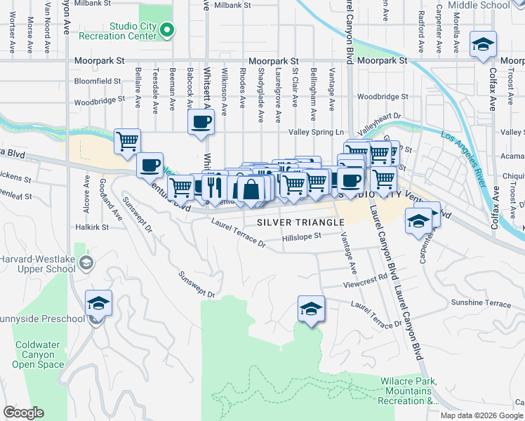 map of restaurants, bars, coffee shops, grocery stores, and more near 12334 Ventura Boulevard in Los Angeles