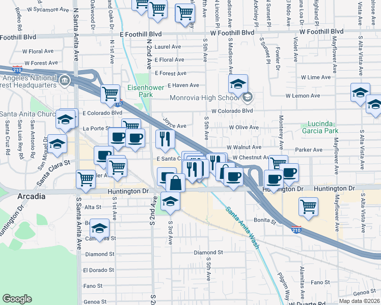 map of restaurants, bars, coffee shops, grocery stores, and more near 405 East Santa Clara Street in Arcadia