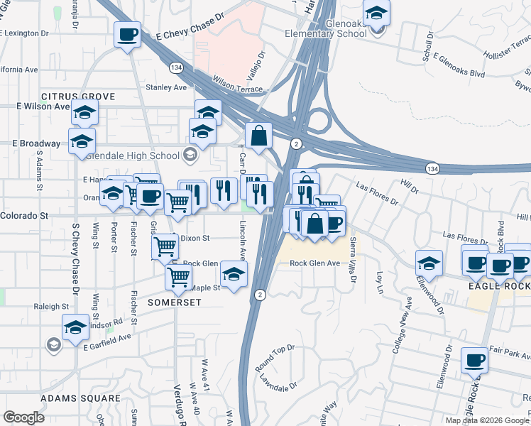 map of restaurants, bars, coffee shops, grocery stores, and more near Eagledale Ave & Colorado Blvd in Los Angeles