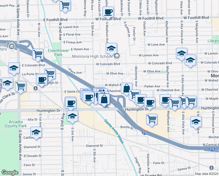 map of restaurants, bars, coffee shops, grocery stores, and more near 868 West Walnut Avenue in Monrovia