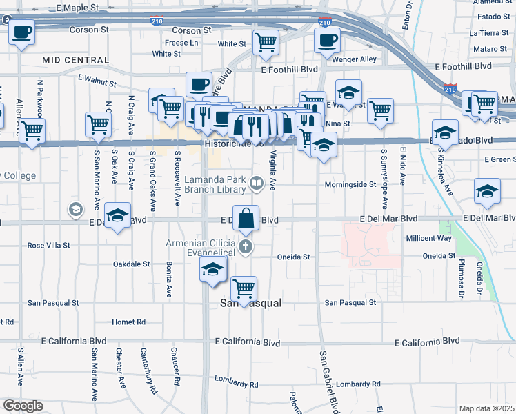 map of restaurants, bars, coffee shops, grocery stores, and more near 184 South Altadena Drive in Pasadena