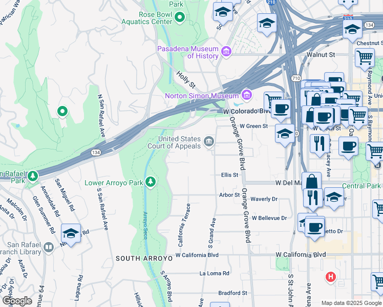 map of restaurants, bars, coffee shops, grocery stores, and more near 156 California Terrace in Pasadena