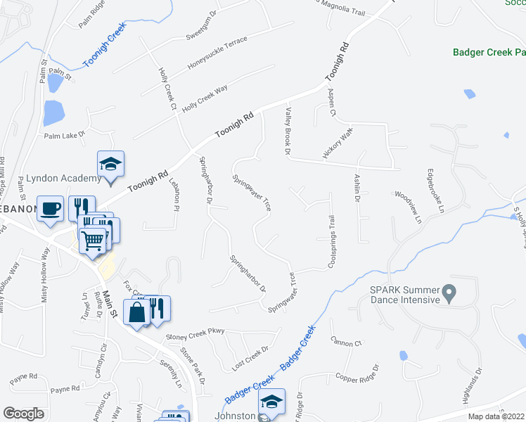 map of restaurants, bars, coffee shops, grocery stores, and more near 136 Springwater Trce in Woodstock