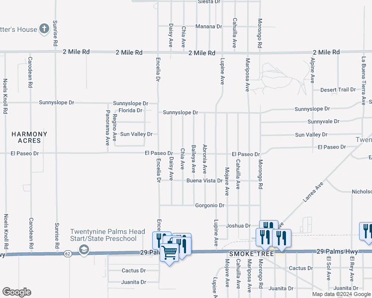 map of restaurants, bars, coffee shops, grocery stores, and more near 6083 Chia Avenue in Twentynine Palms