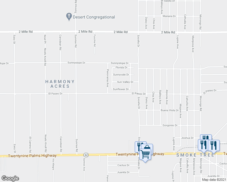 map of restaurants, bars, coffee shops, grocery stores, and more near 71512 Sunflower Drive in Twentynine Palms