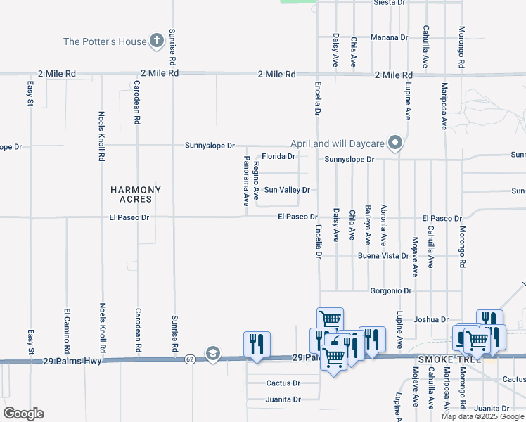 map of restaurants, bars, coffee shops, grocery stores, and more near 71519 Sunflower Drive in Twentynine Palms