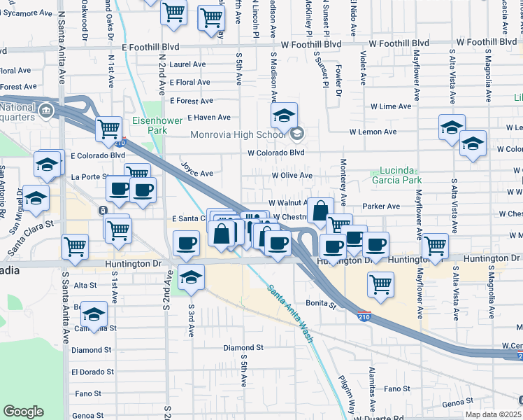 map of restaurants, bars, coffee shops, grocery stores, and more near 924 West Walnut Avenue in Monrovia