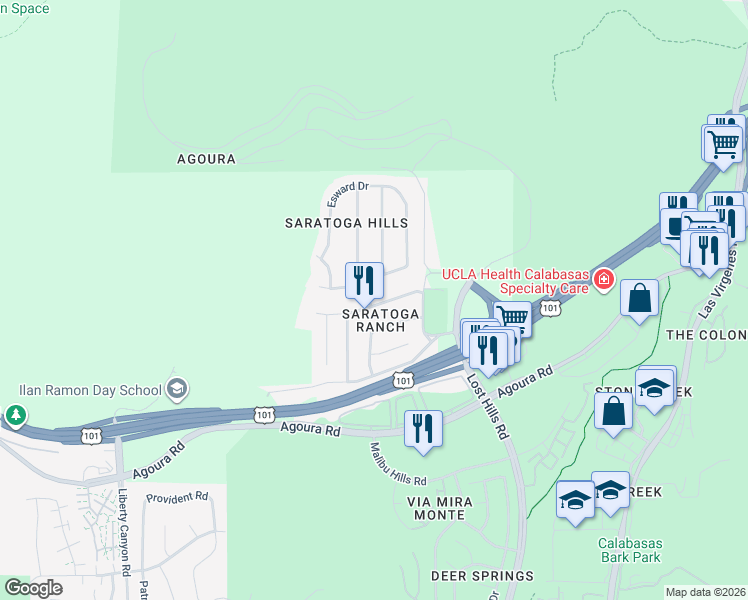 map of restaurants, bars, coffee shops, grocery stores, and more near 26969 Helmond Drive in Agoura Hills