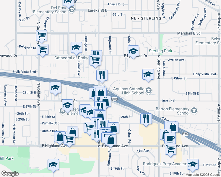 map of restaurants, bars, coffee shops, grocery stores, and more near 1700 Date Street East in San Bernardino