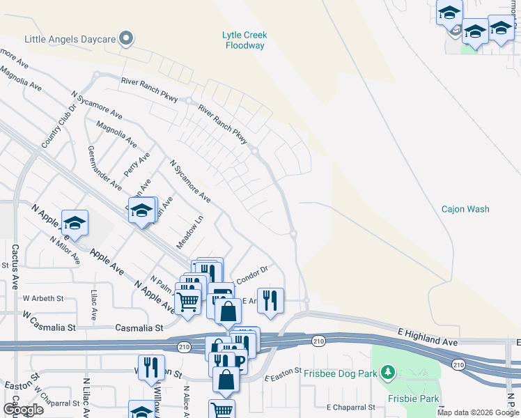map of restaurants, bars, coffee shops, grocery stores, and more near 2367 North Sycamore Avenue in Rialto