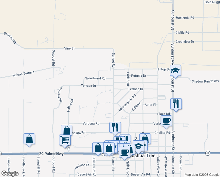 map of restaurants, bars, coffee shops, grocery stores, and more near 6088 Sunset Road in Joshua Tree