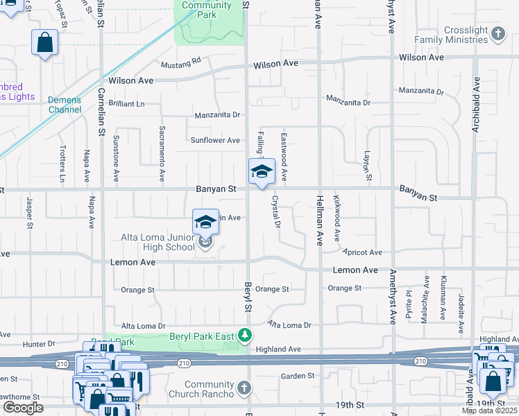 map of restaurants, bars, coffee shops, grocery stores, and more near 9135 Banyan Street in Rancho Cucamonga