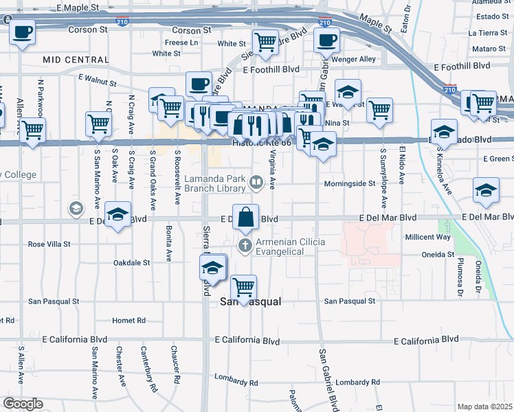 map of restaurants, bars, coffee shops, grocery stores, and more near 184 South Altadena Drive in Pasadena
