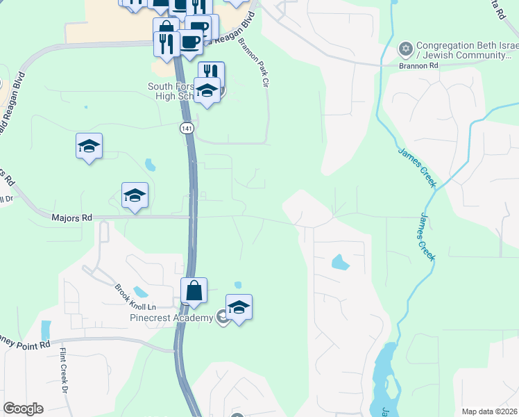 map of restaurants, bars, coffee shops, grocery stores, and more near 8417 Majors Road in Cumming