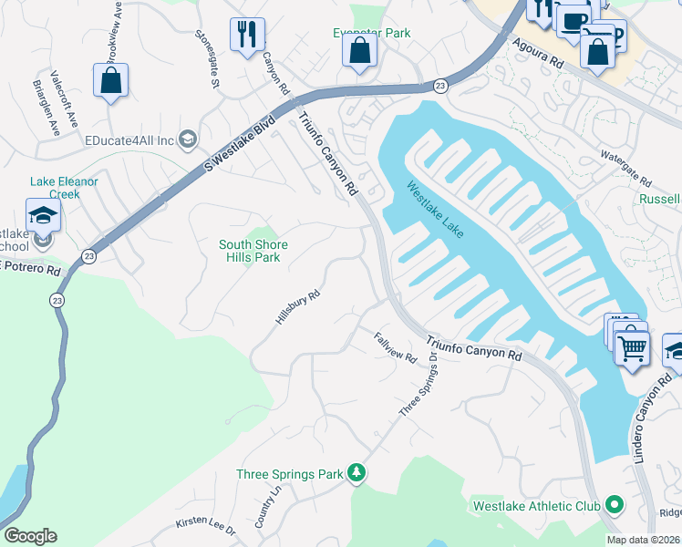 map of restaurants, bars, coffee shops, grocery stores, and more near 2236 Hillsbury Road in Westlake Village