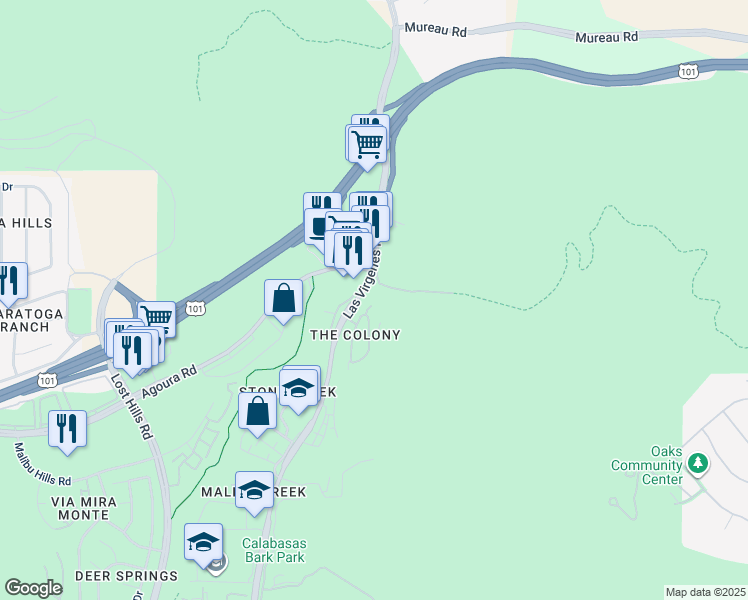map of restaurants, bars, coffee shops, grocery stores, and more near 4705 Luna Court in Calabasas