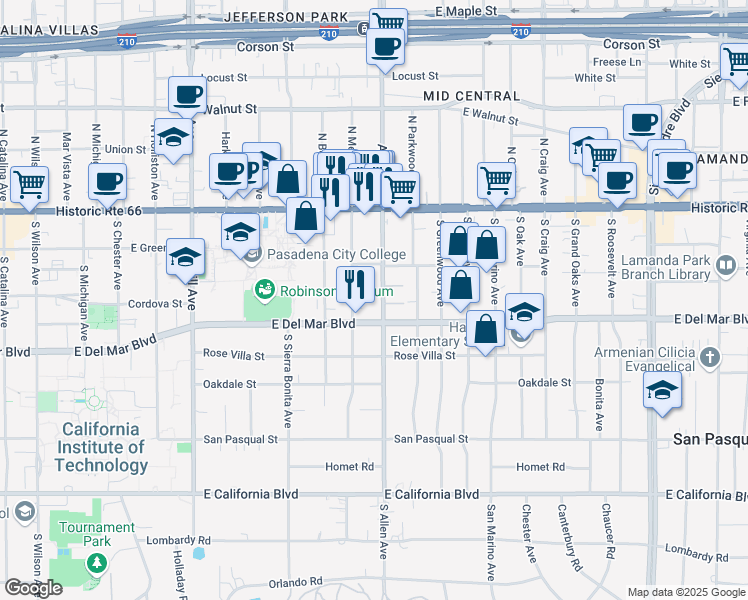 map of restaurants, bars, coffee shops, grocery stores, and more near 175 South Allen Avenue in Pasadena