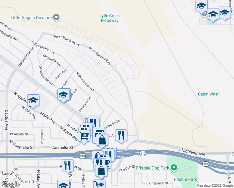 map of restaurants, bars, coffee shops, grocery stores, and more near 2367 North Sycamore Avenue in Rialto