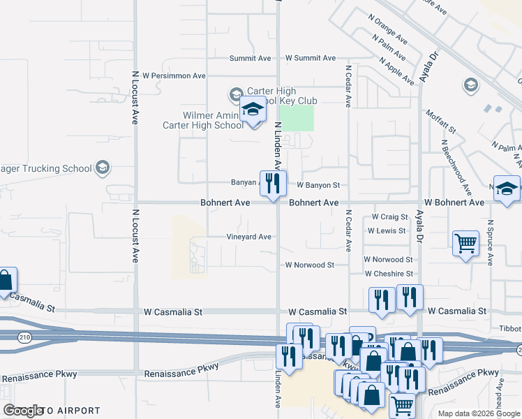map of restaurants, bars, coffee shops, grocery stores, and more near 18457 Bohnert Avenue in Rialto