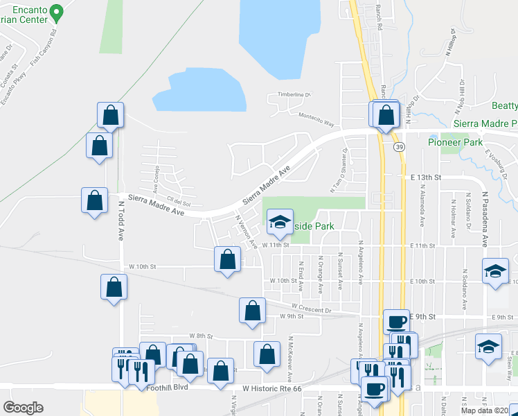 map of restaurants, bars, coffee shops, grocery stores, and more near 854 Sierra Madre Avenue in Azusa