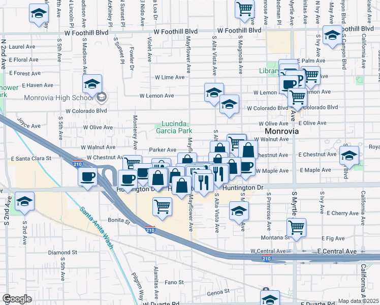 map of restaurants, bars, coffee shops, grocery stores, and more near 814 Mayflower Avenue in Monrovia