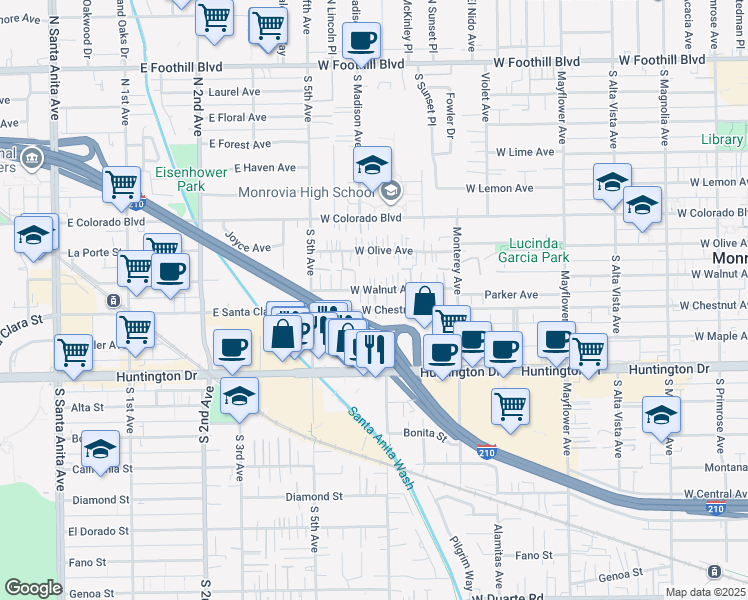 map of restaurants, bars, coffee shops, grocery stores, and more near 900 West Walnut Avenue in Monrovia