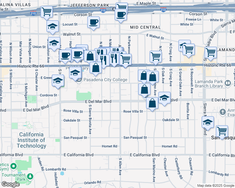 map of restaurants, bars, coffee shops, grocery stores, and more near 164 South Allen Avenue in Pasadena