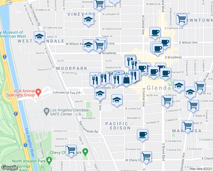 map of restaurants, bars, coffee shops, grocery stores, and more near 445 West Colorado Street in Glendale