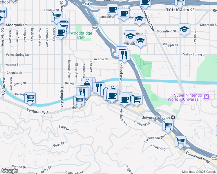 map of restaurants, bars, coffee shops, grocery stores, and more near 4180 Arch Drive in Los Angeles