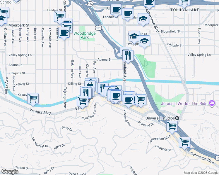 map of restaurants, bars, coffee shops, grocery stores, and more near 4180 Arch Drive in Los Angeles