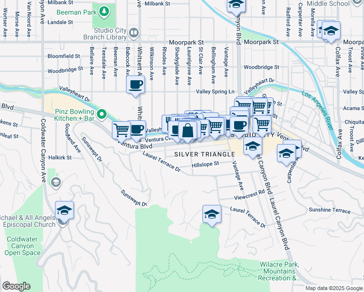 map of restaurants, bars, coffee shops, grocery stores, and more near 12266 Ventura Boulevard in Los Angeles