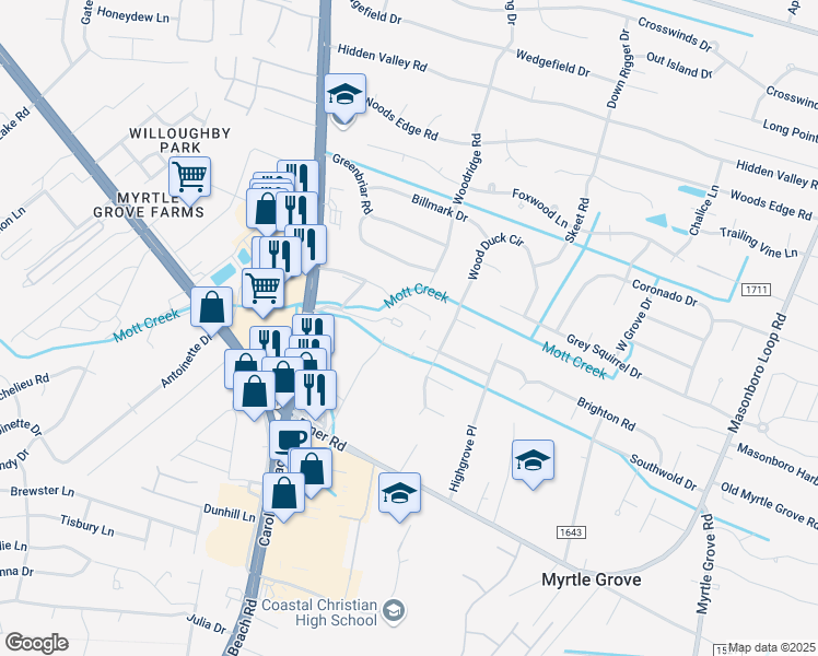 map of restaurants, bars, coffee shops, grocery stores, and more near 615 Piner Road in Wilmington
