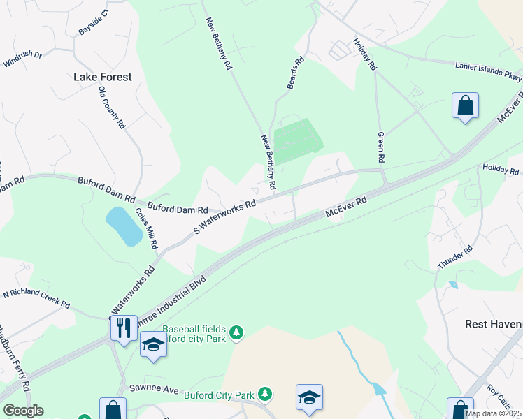 map of restaurants, bars, coffee shops, grocery stores, and more near 2870 South Waterworks Road in Buford